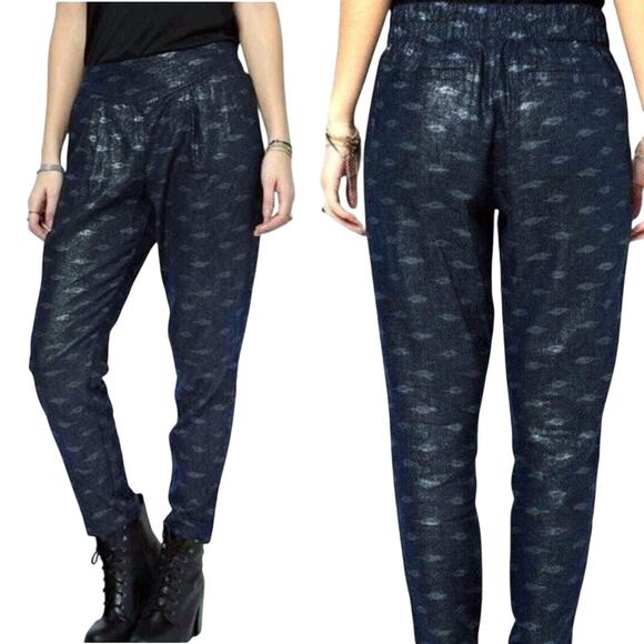 FREE PEOPLE Ikat Linen Blend Pull On Pants Sz XS Metallic Navy Blue - Picture 1 of 6